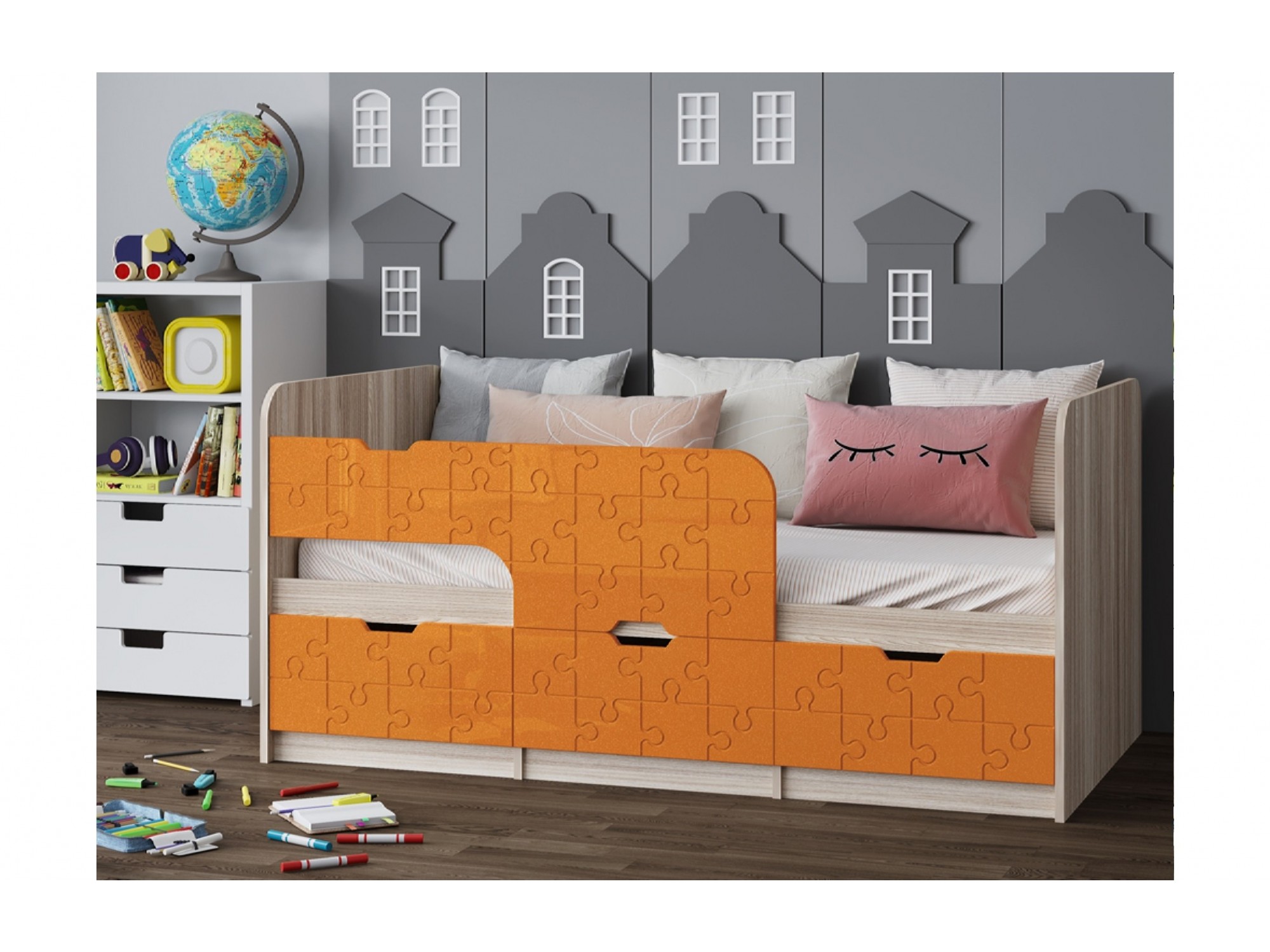 фото Детская кровать юниор-9, 80х160 (оранжевый металлик, ясень шимо светлый) регион 58