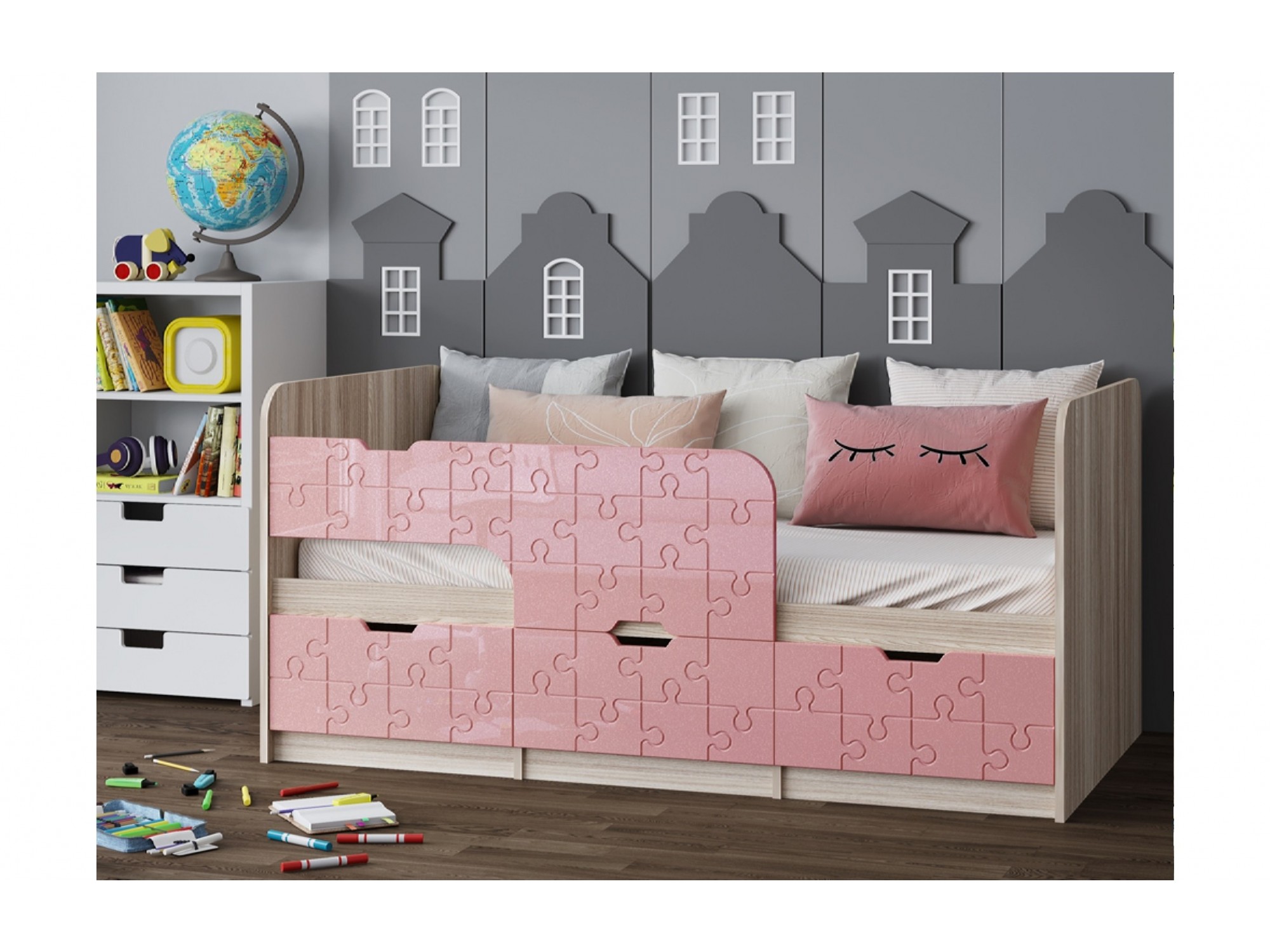 фото Детская кровать юниор-9, 80х160 (розовый металлик, ясень шимо светлый) регион 58