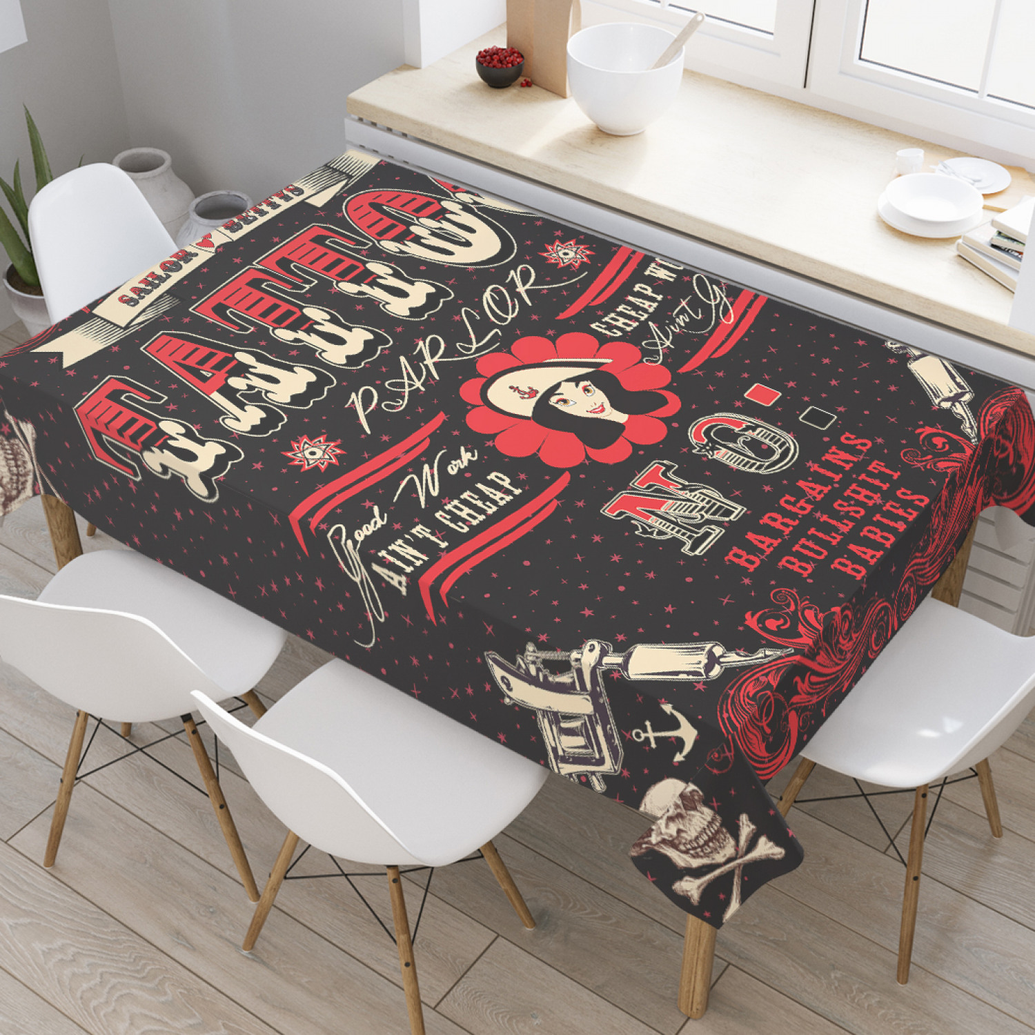 

Скатерть прямоугольная JoyArty "Тату салон" из оксфорда, 120x145 см, Черный, Тату салон
