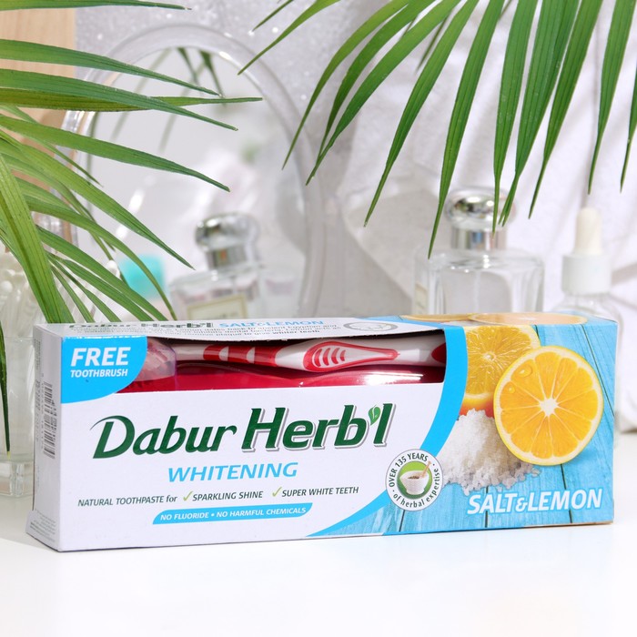 фото Набор dabur herb'l соль и лимон: зубная паста, 150 г + зубная щётка