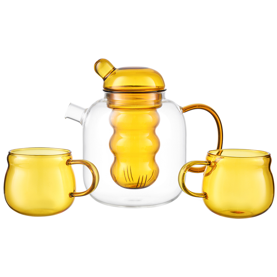 Чайник стеклянный с двумя чашками желтый 1,2 л