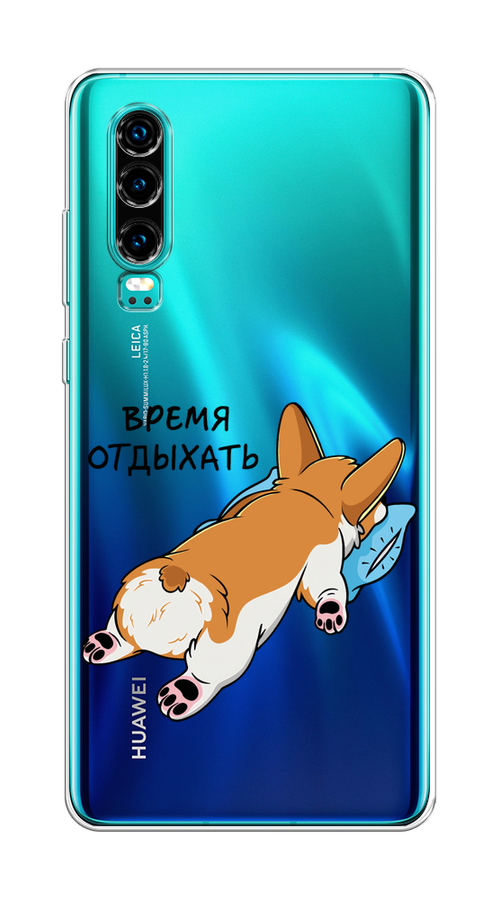 

Чехол на Huawei P30 "Корги отдыхает", Черный;коричневый;голубой, 68550-1