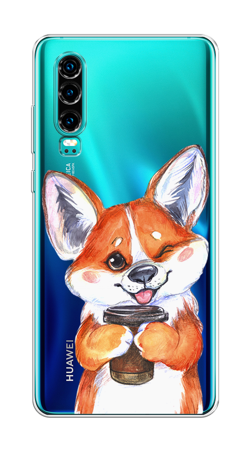 

Чехол на Huawei P30 "Корги с кофе", Оранжевый;белый, 68550-4
