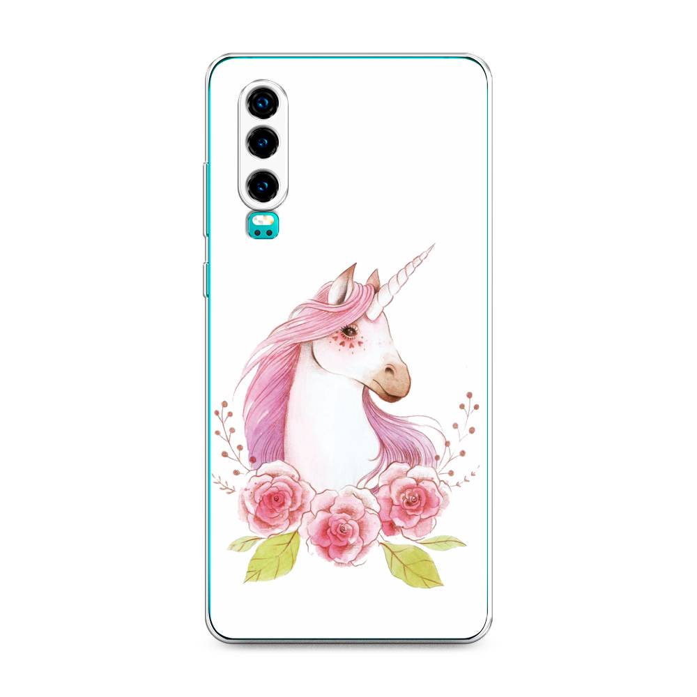 

Чехол на Huawei P30 "Единорог цветы", Белый;розовый;серый, 68550-1
