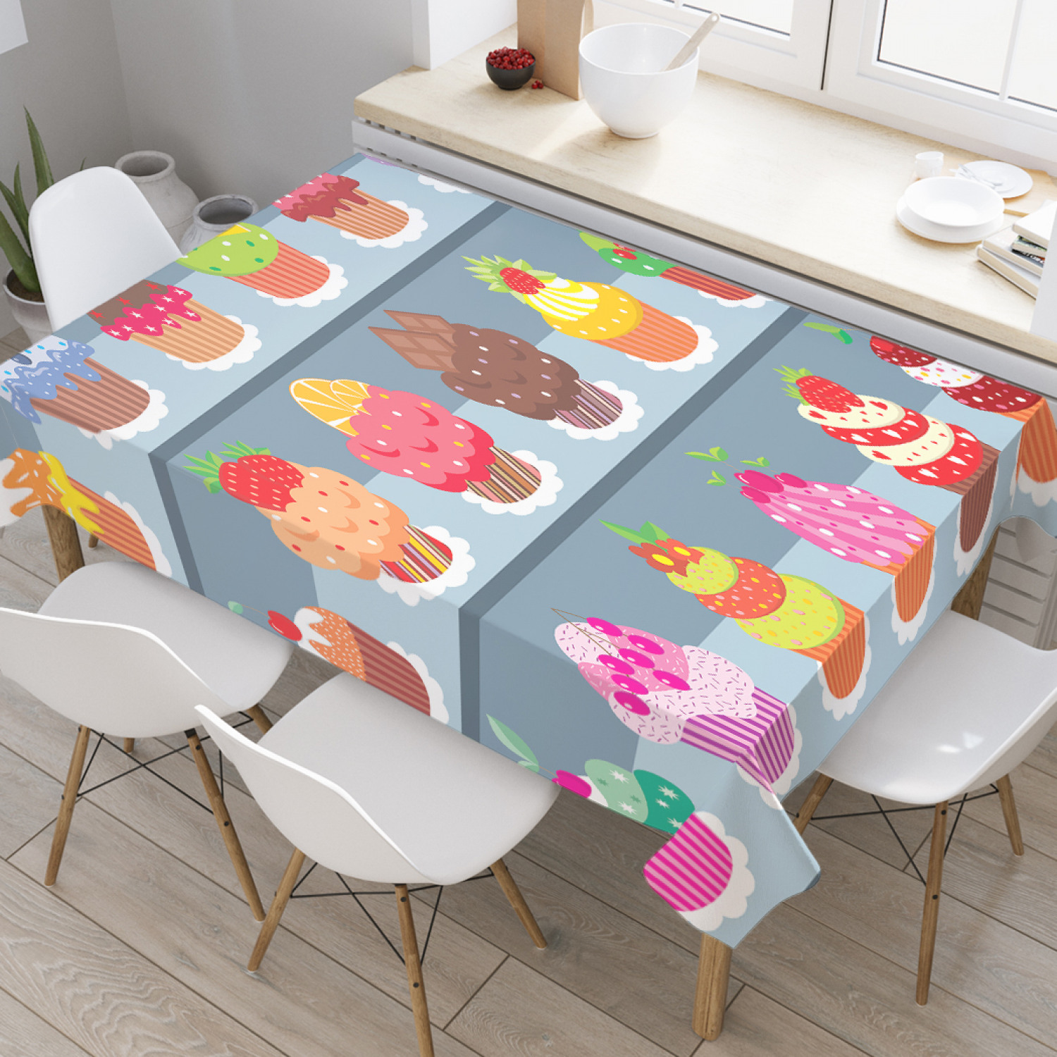 

Скатерть прямоугольная JoyArty "Пирожные на полках" из оксфорда, 180x145 см, Серый, Пирожные на полках