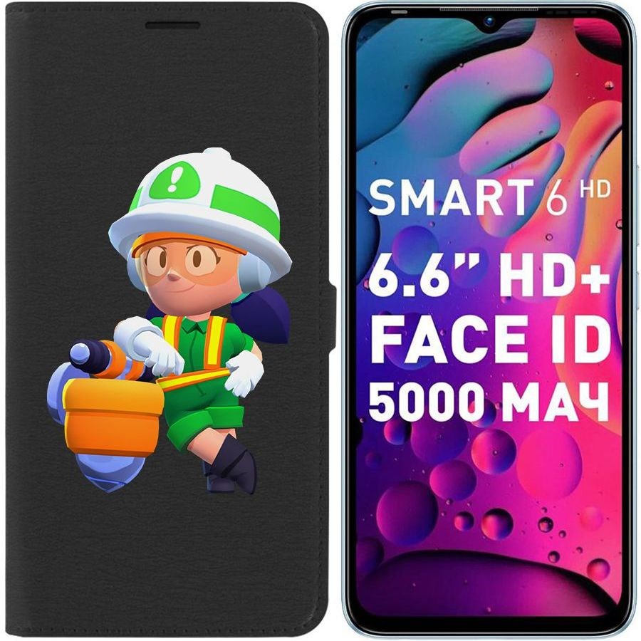 

Чехол-книжка Eco для Infinix Smart 6 Brawl Stars-Строительница Джеки (черный)