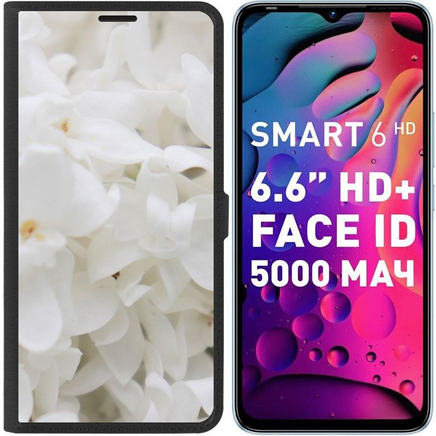 

Чехол-книжка Eco для Infinix Smart 6 Белые лилии (черный)