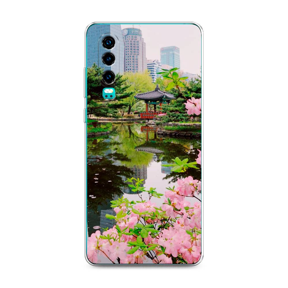 

Чехол на Huawei P30 "Сакура возле озера", Зеленый;розовый;голубой, 68550-2