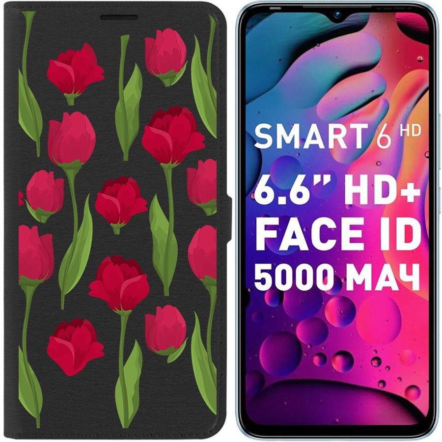 

Чехол-книжка Eco для Infinix Smart 6 Розы паттерн (черный)