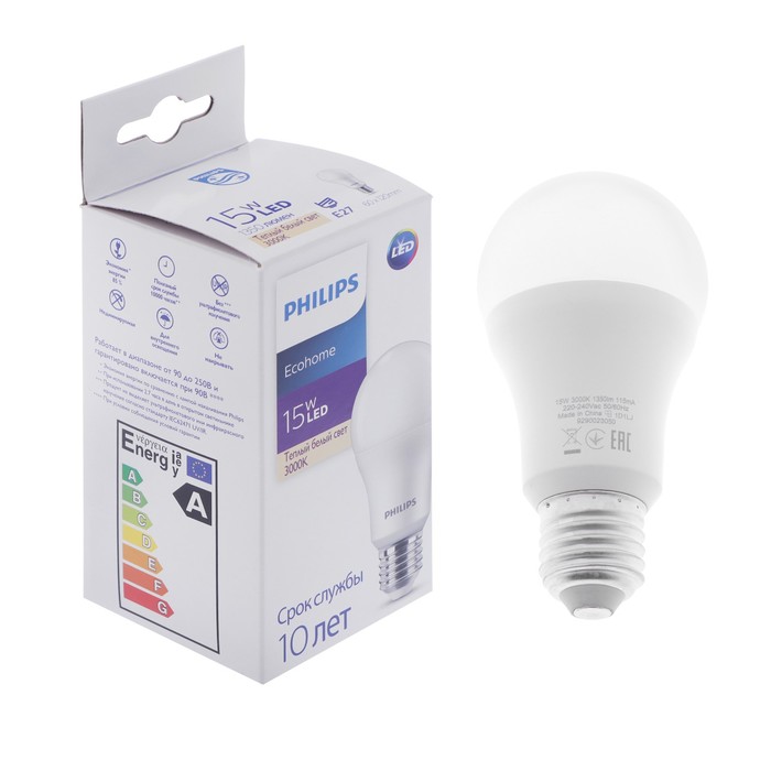 фото Philips лампа светодиодная philips ecohome bulb 830, e27, 15 вт, 3000 к, 1350 лм, груша