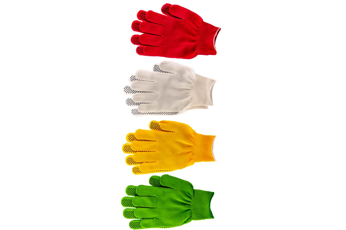 Перчатки в наборе, цвета: белые, розовая фуксия, желтые, зеленые, ПВХ точка, L, Россия// P