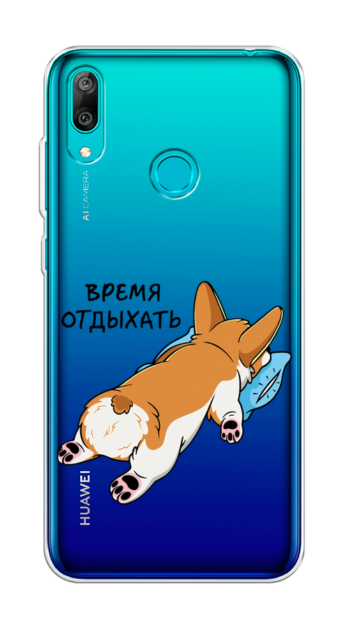 

Чехол на Huawei Y7 2019 "Корги отдыхает", Черный;коричневый;голубой, 68450-1