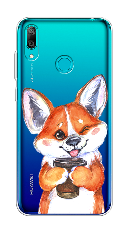 

Чехол на Huawei Y7 2019 "Корги с кофе", Оранжевый;белый, 68450-4