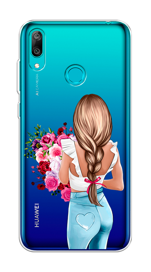 

Чехол на Huawei Y7 2019 "Девушка с цветами", Коричневый;розовый;голубой, 68450-6