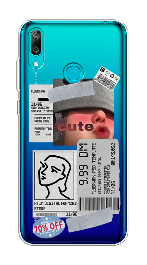 

Чехол на Huawei Y7 2019 "Cute girl collage", Розовый;серый;голубой, 68450-6