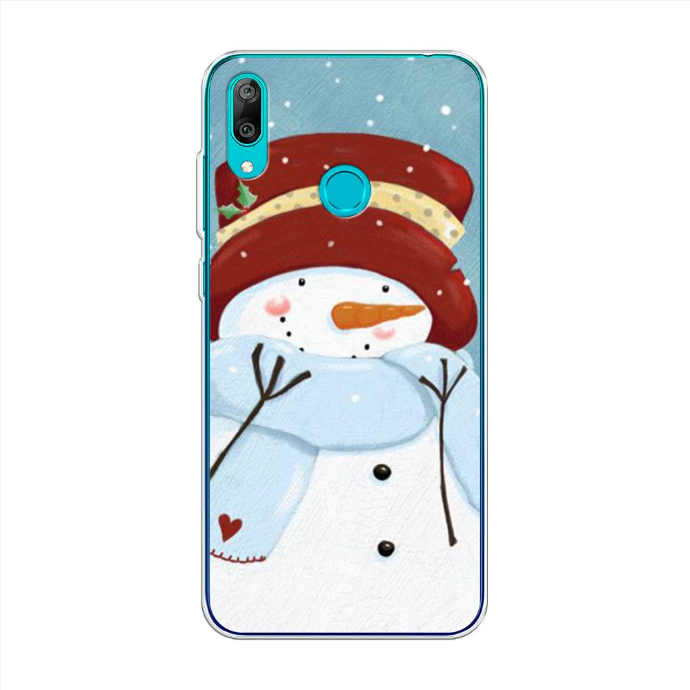 

Чехол на Huawei Y7 2019 "Застенчивый снеговик", Голубой;белый;красный, 68450-5