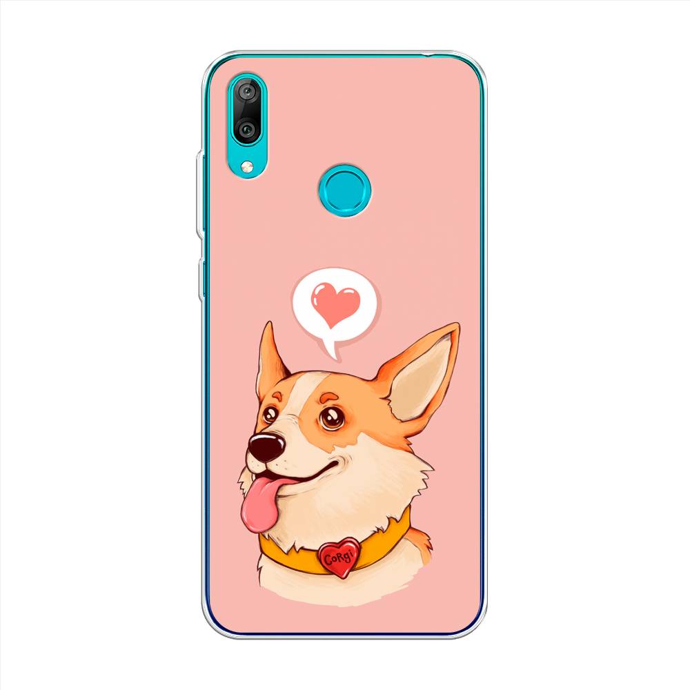

Чехол на Huawei Y7 2019 "Корги язык", Розовый;коричневый, 68450-1