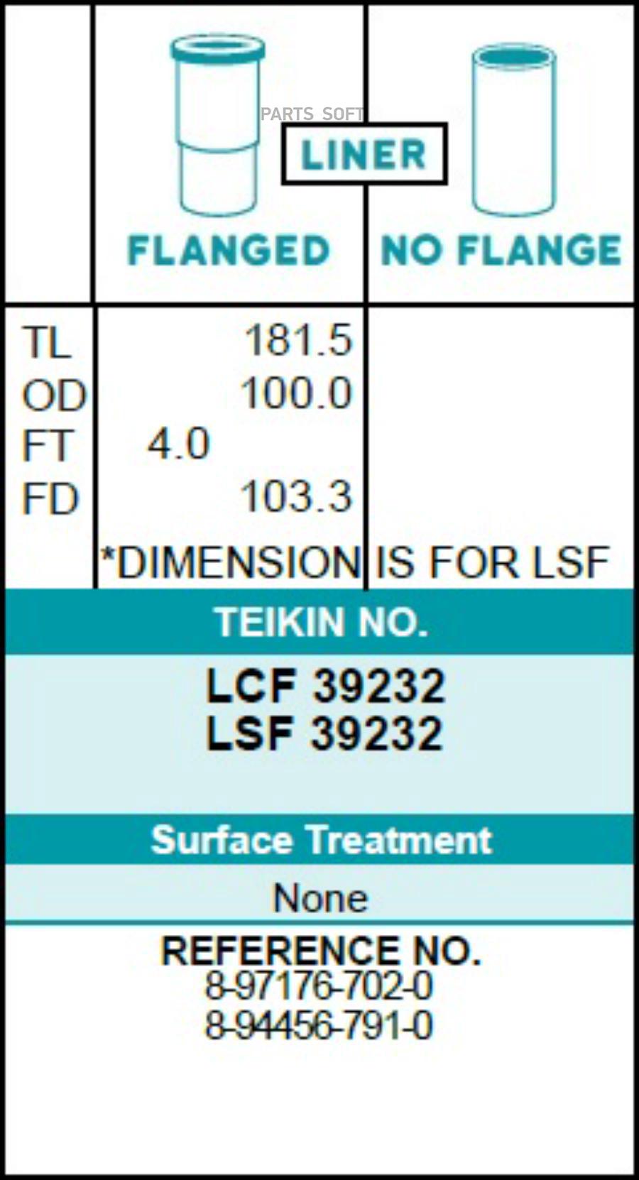 LSF39232 TEIKIN ГИЛЬЗА БЛОКА ЦИЛИНДРОВ TEIKIN LSF39232 (4ШТ/УПАК) (10702070/190919/0192532