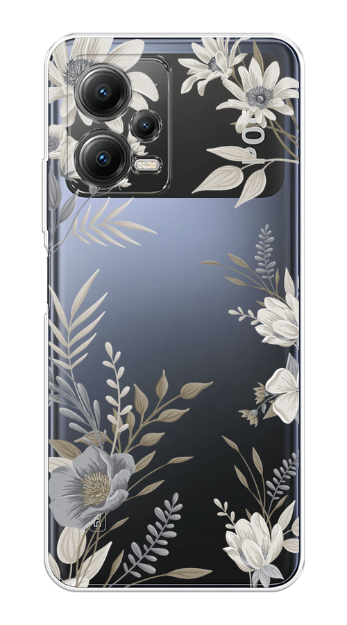 

Чехол на Xiaomi Poco X5 5G "Цветы сепия", Серый;прозрачный;зеленый;белый, 317950-1
