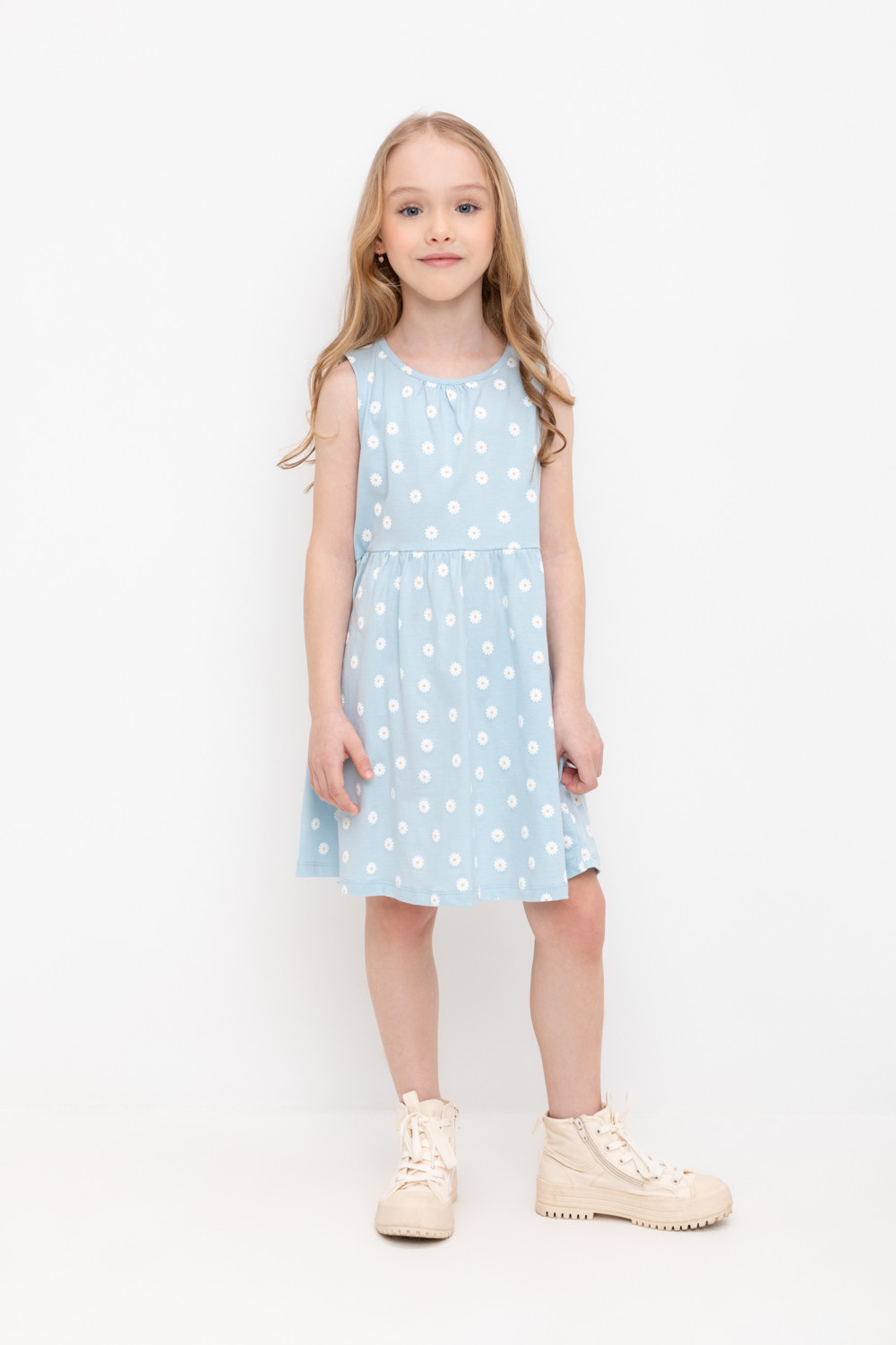Платье детское CROCKID М 2618-7, голубая пудра, маленькие ромашки, 104