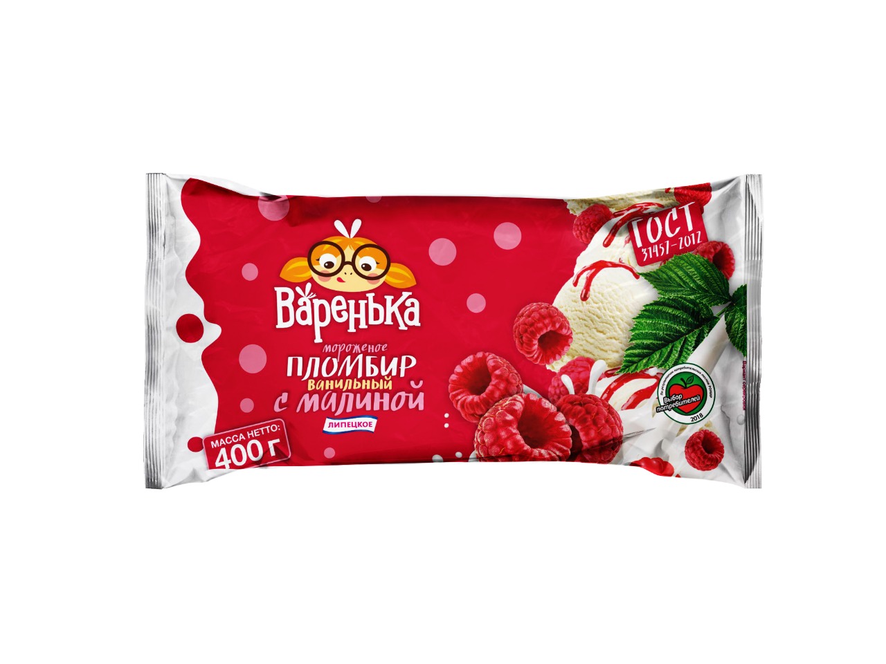

Мороженое Липецкое Варенька ванильный пломбир, с малиной, 400 г