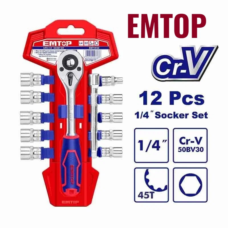 

Набор торцевых головок, EMTOP, торцевые головка 5-14 мм с ключом 1/4, ESKT14122, ESKT14122