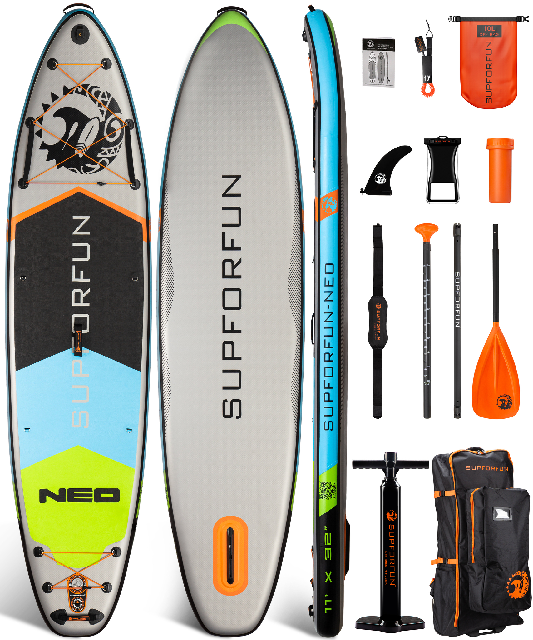 

SUP-борд SUPFORFUN Neo 335x81x15 см blue/green, Серый;голубой;зеленый, Neo