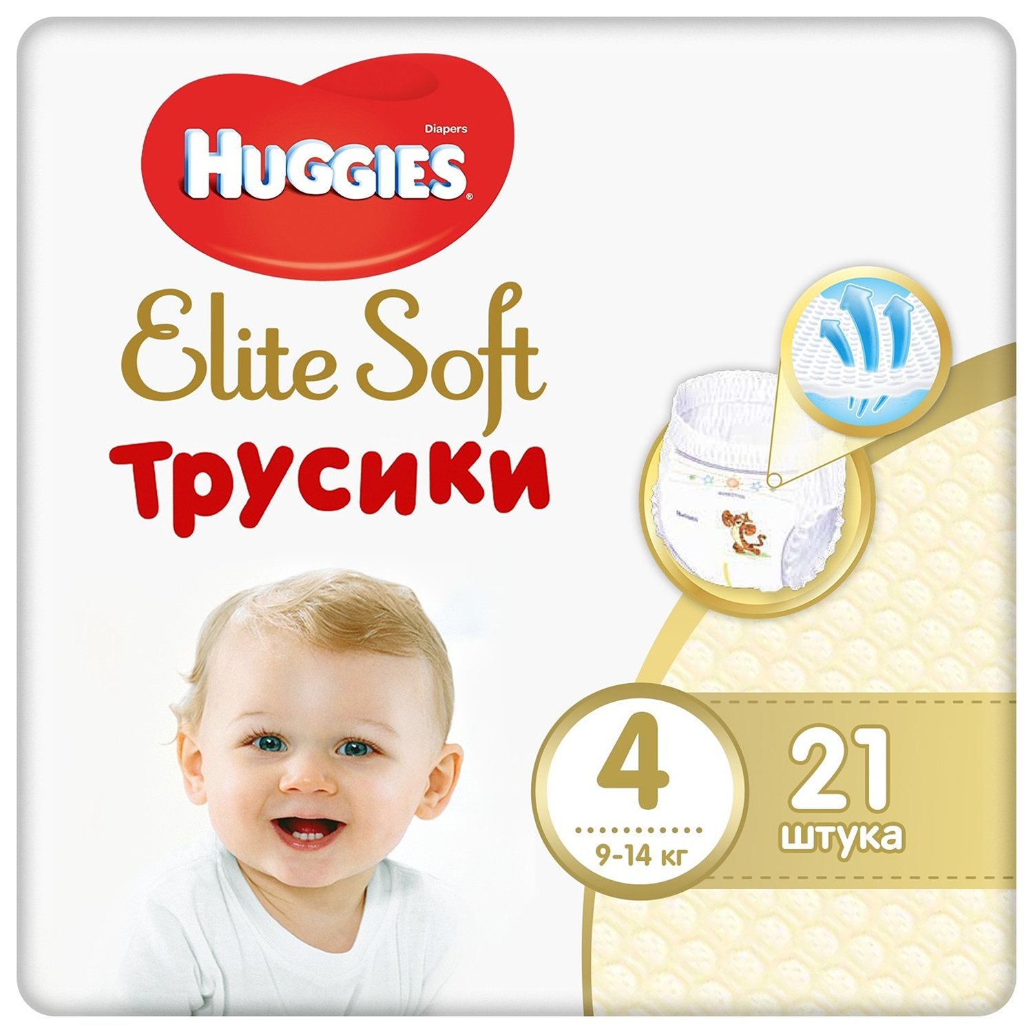 фото Подгузники-трусики huggies elite soft 4 (9-14 кг) с индикатором наполнения 21 шт