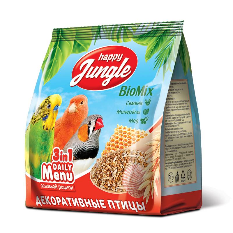 

Сухой корм для птиц HAPPY JUNGLE для декоративных птиц универсал 350 г J101