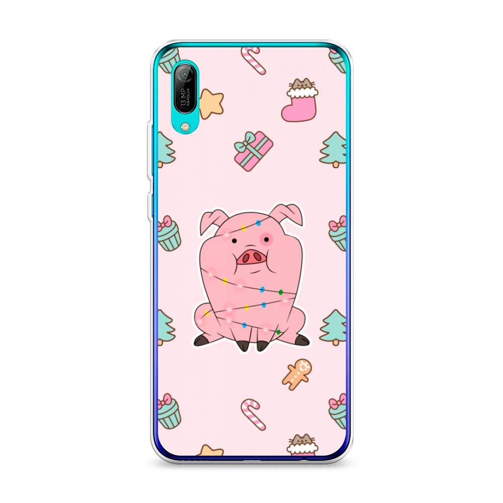 

Чехол на Huawei Y6 Pro 2019 "Розовая свинка", Розовый;зеленый, 68150-5