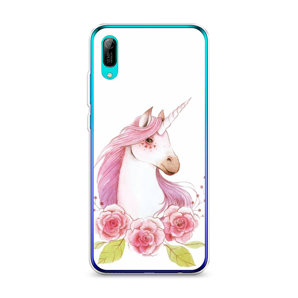 

Чехол на Huawei Y6 Pro 2019 "Единорог цветы", Белый;розовый;серый, 68150-1