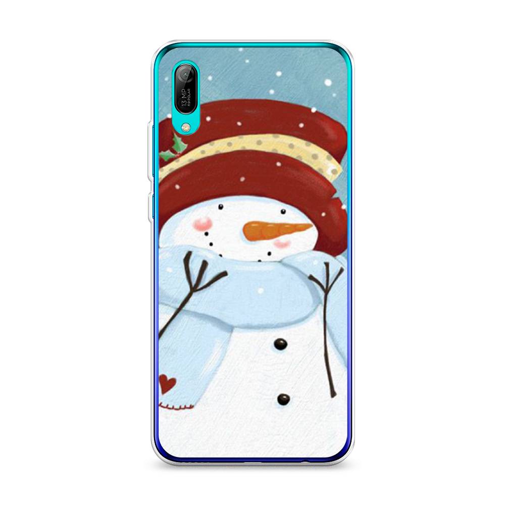 

Чехол на Huawei Y6 Pro 2019 "Застенчивый снеговик", Голубой;белый;красный, 68150-5