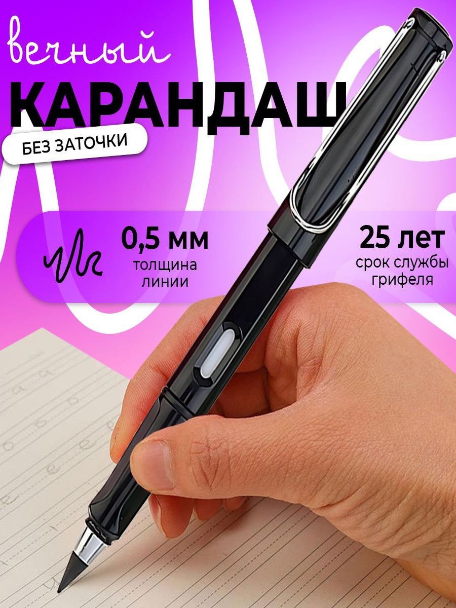 Карандаш графитовый Happy Pen вечный с ластиком внутри, в черном пластиковом корпусе