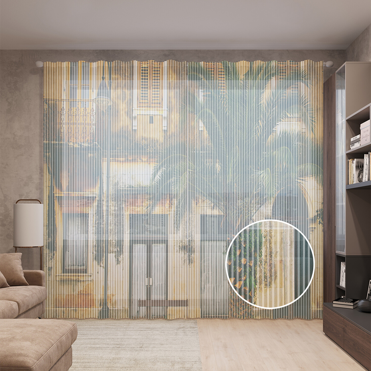 

Тюль вуаль на шторной ленте с принтом JoyArty "Пальма перед домом" 310х265 см, Пальма перед домом