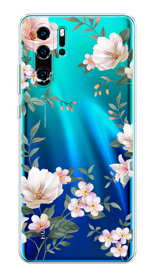 

Чехол на Huawei P30 Pro "Beautiful white flowers", Бежевый;зеленый, 67650-1