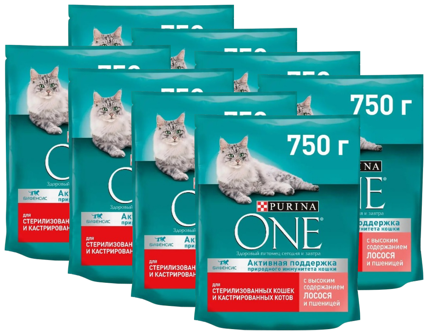 

Сухой корм для кошек Purina One Бифенсис с лососем и пшеницей, 8 шт по 0,75 кг