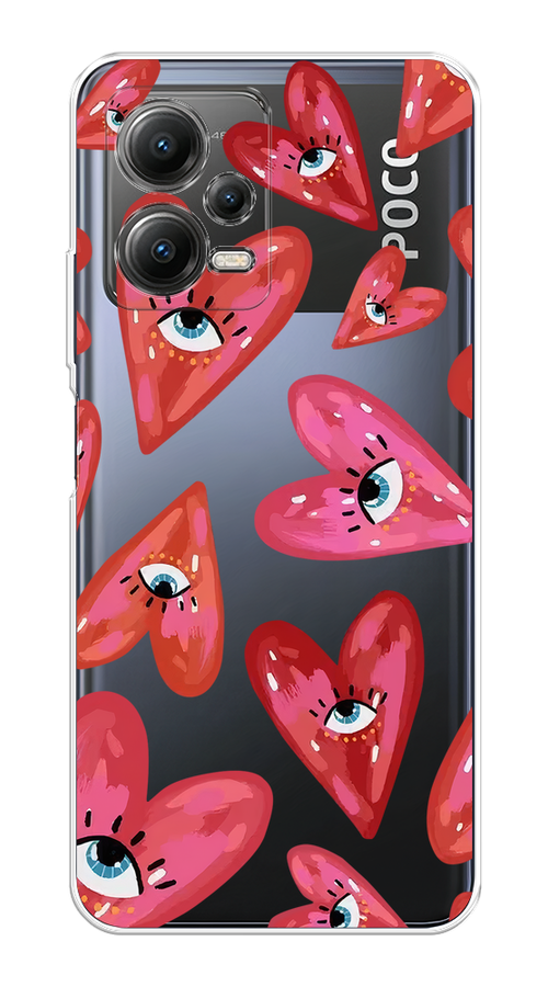 

Чехол на Xiaomi Poco X5 5G "Сердечки с глазами", Коричневый;красный;розовый, 317950-1