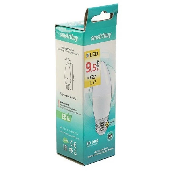 

Smartbuy Лампа светодиодная Smartbuy, E27, C37, 9.5 Вт, 3000 К, теплый белый свет
