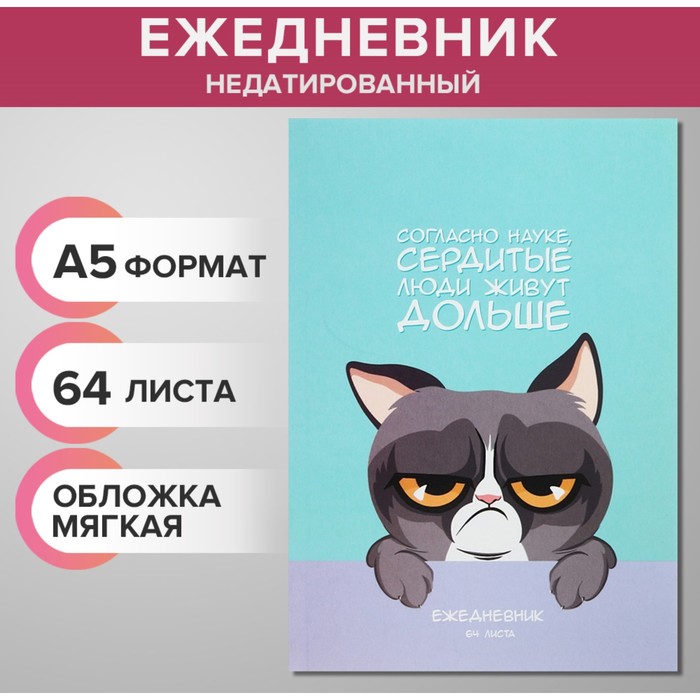 

Ежедневник недатированный на склейке А5 64 листов Сердитый котик