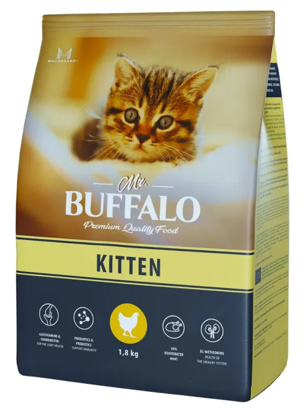 

Сухой корм для кошек и котят Mr.Buffalo Kitten курица, 2 шт по 1,8 кг