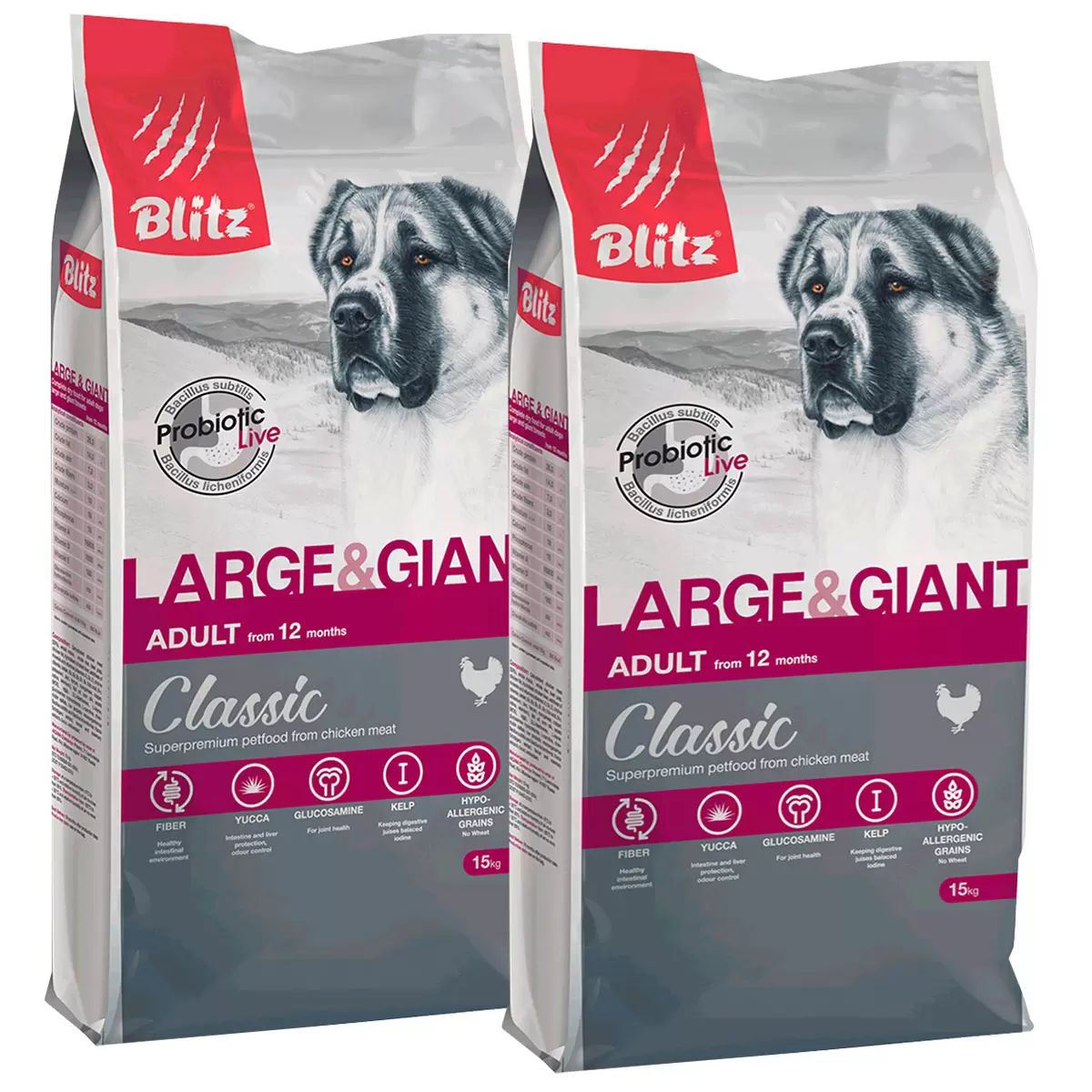 Сухой корм для щенков BLITZ CLASSIC PUPPY LARGE & GIANT BREEDS курица, рис, 2шт по 15кг