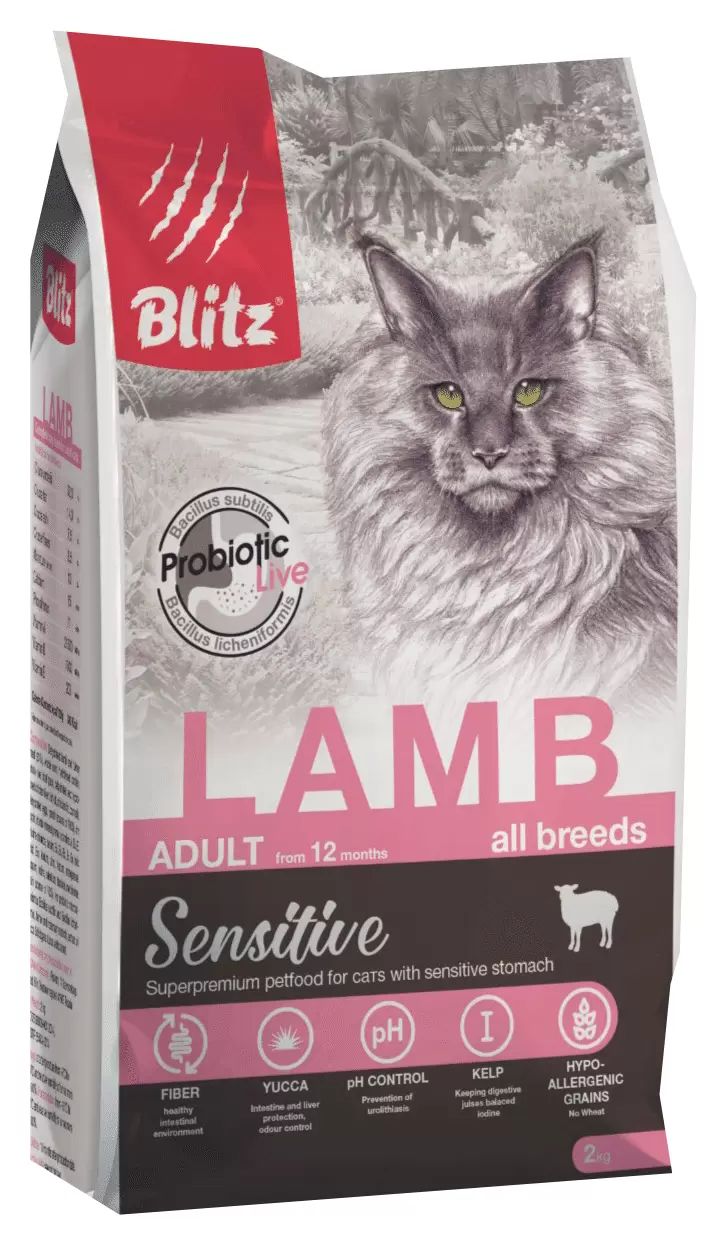 Сухой корм для кошек BLITZ SENSITIVE ADULT CAT LAMB с ягненком, 6щт по 2кг