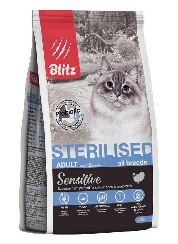 фото Сухой корм для кошек blitz sensitive adult cat sterilised turkey с индейкой 10шт по 400г
