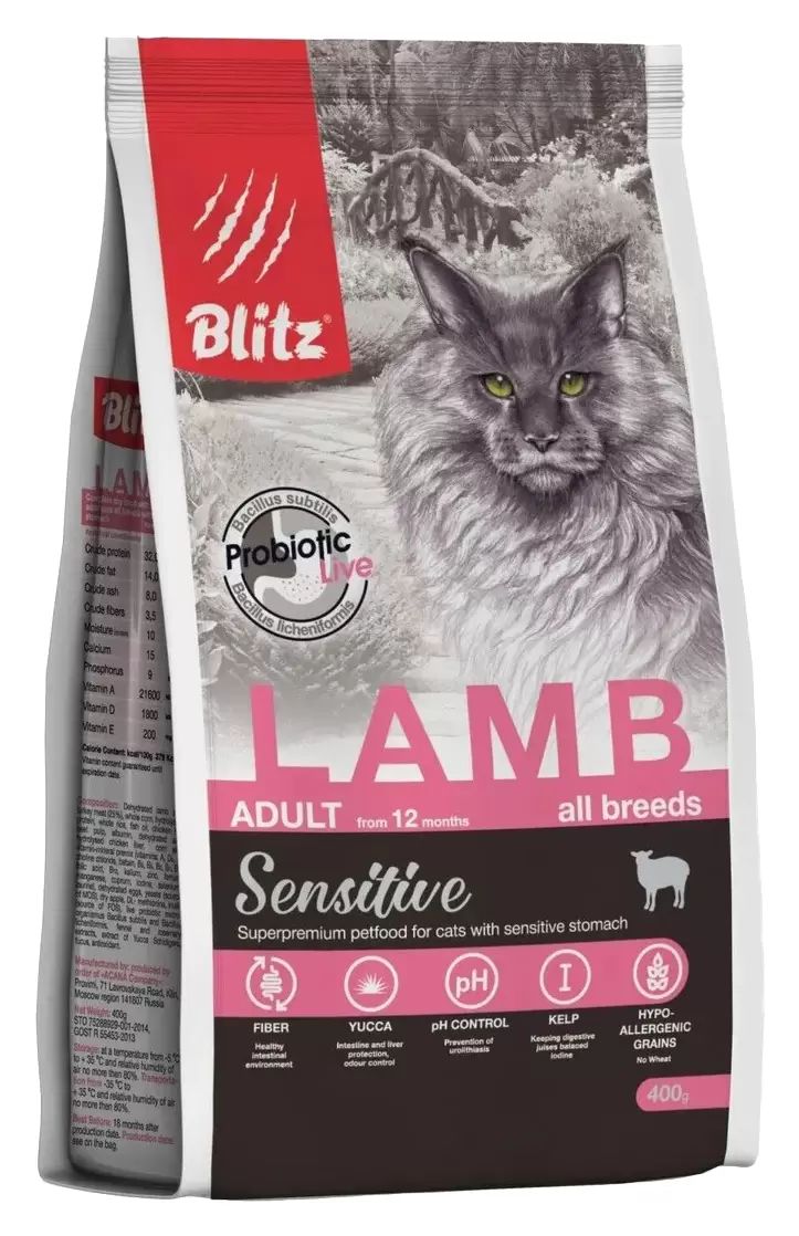 Сухой корм для кошек BLITZ SENSITIVE ADULT CAT LAMB с ягненком, 10шт по 400г