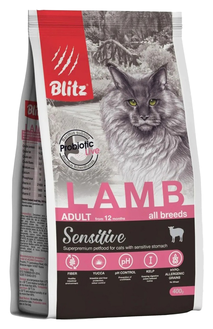 фото Сухой корм для кошек blitz sensitive adult cat lamb с ягненком, 10шт по 400г