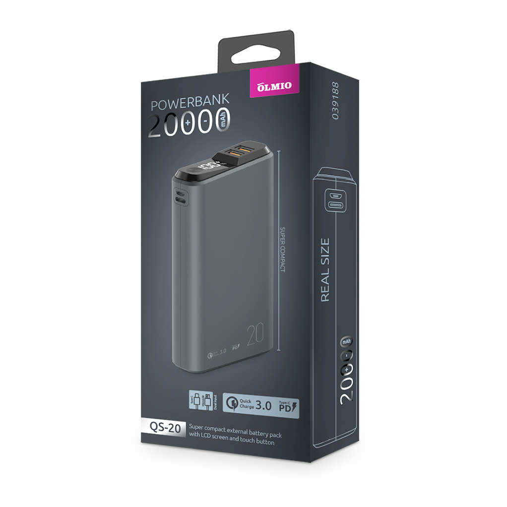 фото Внешний аккумулятор qs-20 20000mah 18w quickcharge3.0/powerdelivery lcd темно-серый olmio