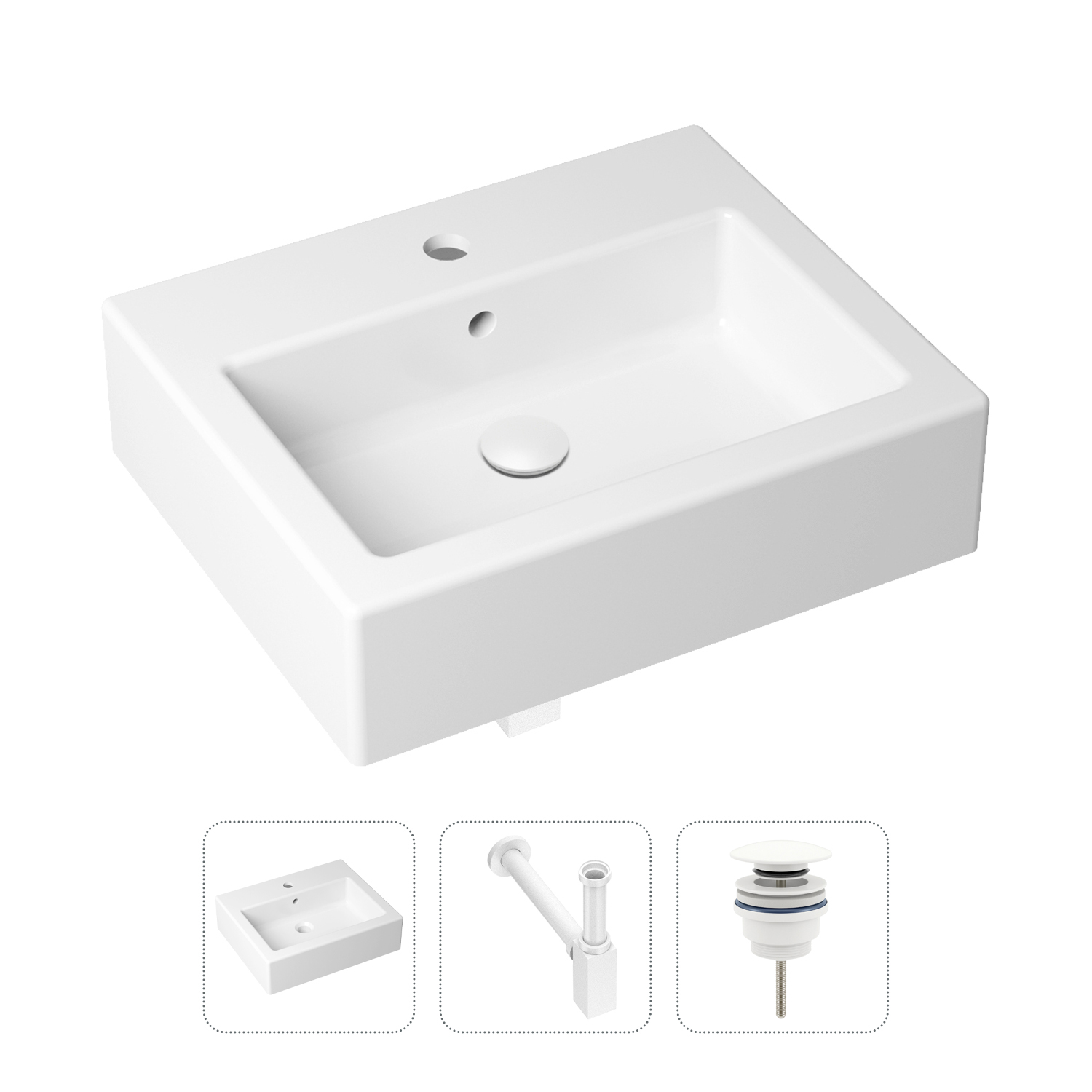 

Комплект 3 в 1 Lavinia Boho Bathroom Sink 21520673: раковина 50.5 см, сифон, донный клапан, Белый, Комплект раковин Lavinia Boho 33311013 (универсальный д/к, с сифоном №4)