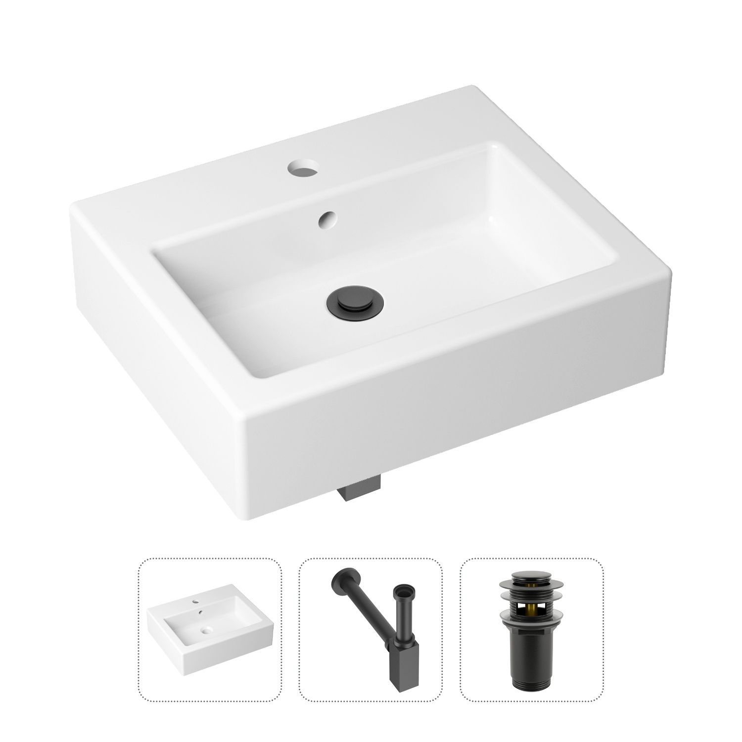 

Комплект 3 в 1 Lavinia Boho Bathroom Sink 21520666: раковина 50.5 см, сифон, донный клапан, Комплект 3 в 1 Lavinia Boho Bathroom Sink 21520666: накладная фарфоровая раковина 50.5 см, металлический сифон, донный клапан