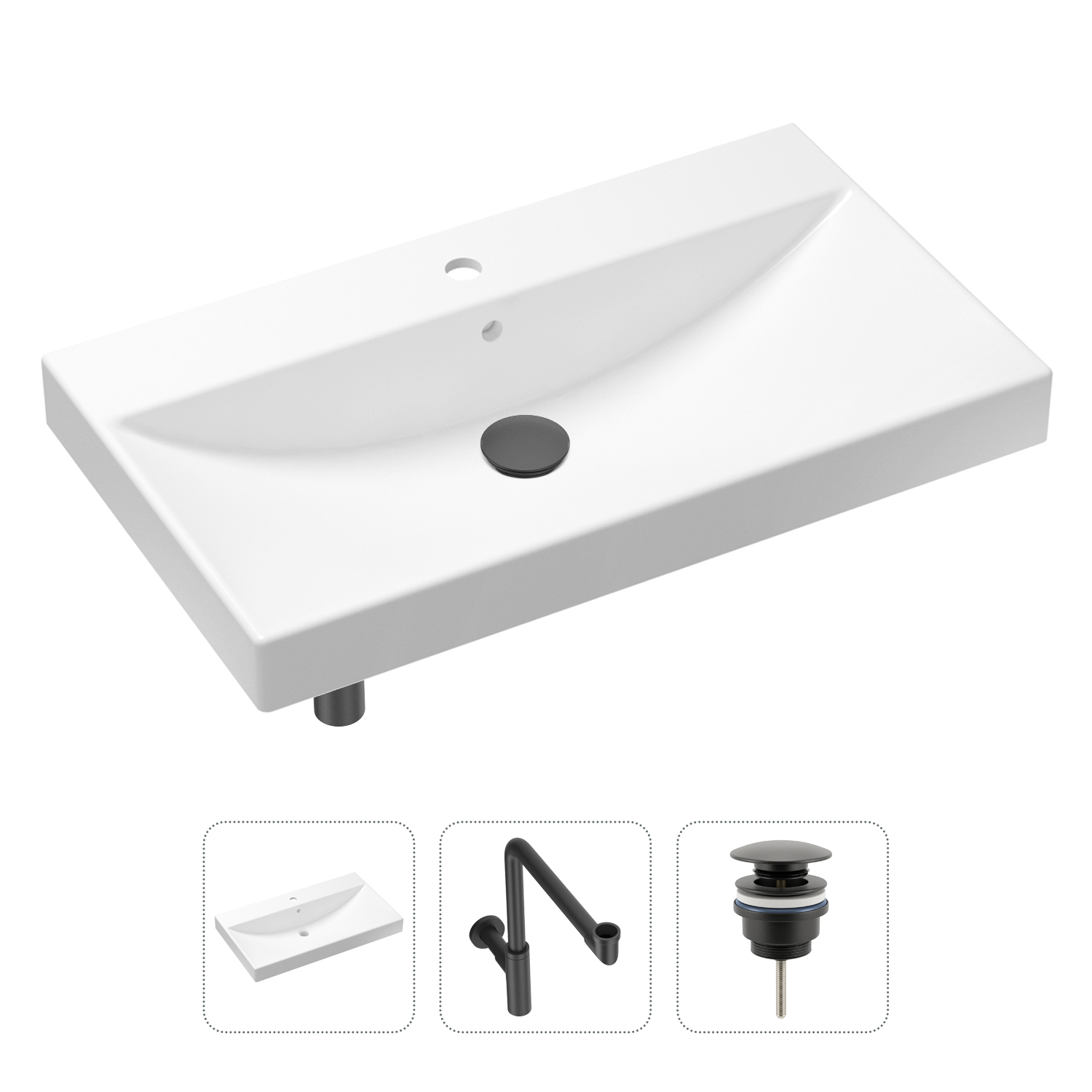 

Комплект 3 в 1 Lavinia Boho Bathroom Sink 21520643: раковина 80 см, сифон, донный клапан, Черный, Комплект раковин Lavinia Boho 33311013 (универсальный д/к, с сифоном №1)