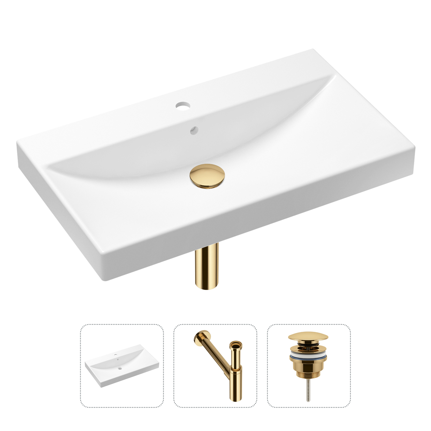 

Комплект 3 в 1 Lavinia Boho Bathroom Sink 21520635: раковина 80 см, сифон, донный клапан, Золотистый, Комплект с раковиной Lavinia Boho 33311013 (универсальный д/к, с сифоном №2)